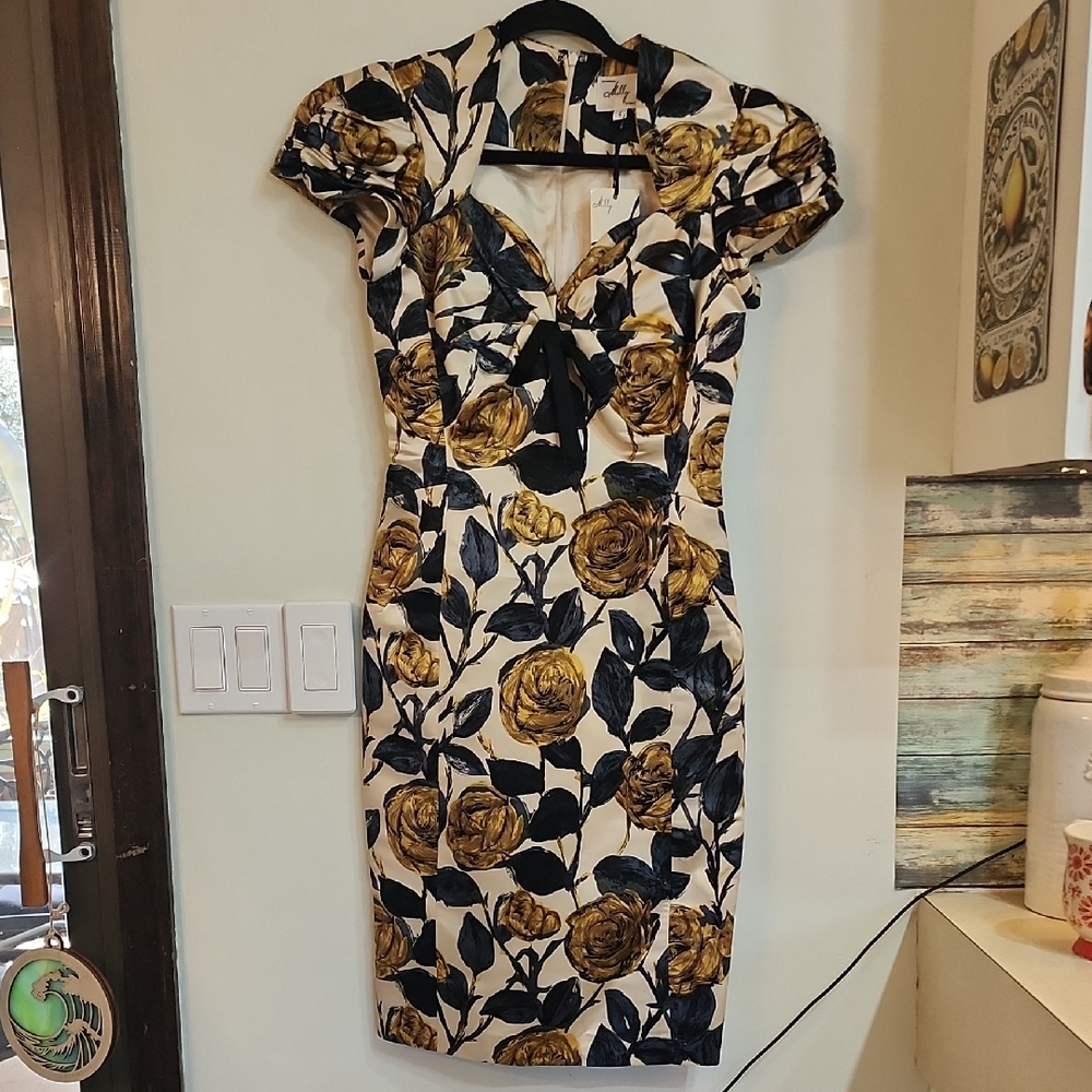 NWT! Milly Black and Gold Floral Midi Dress